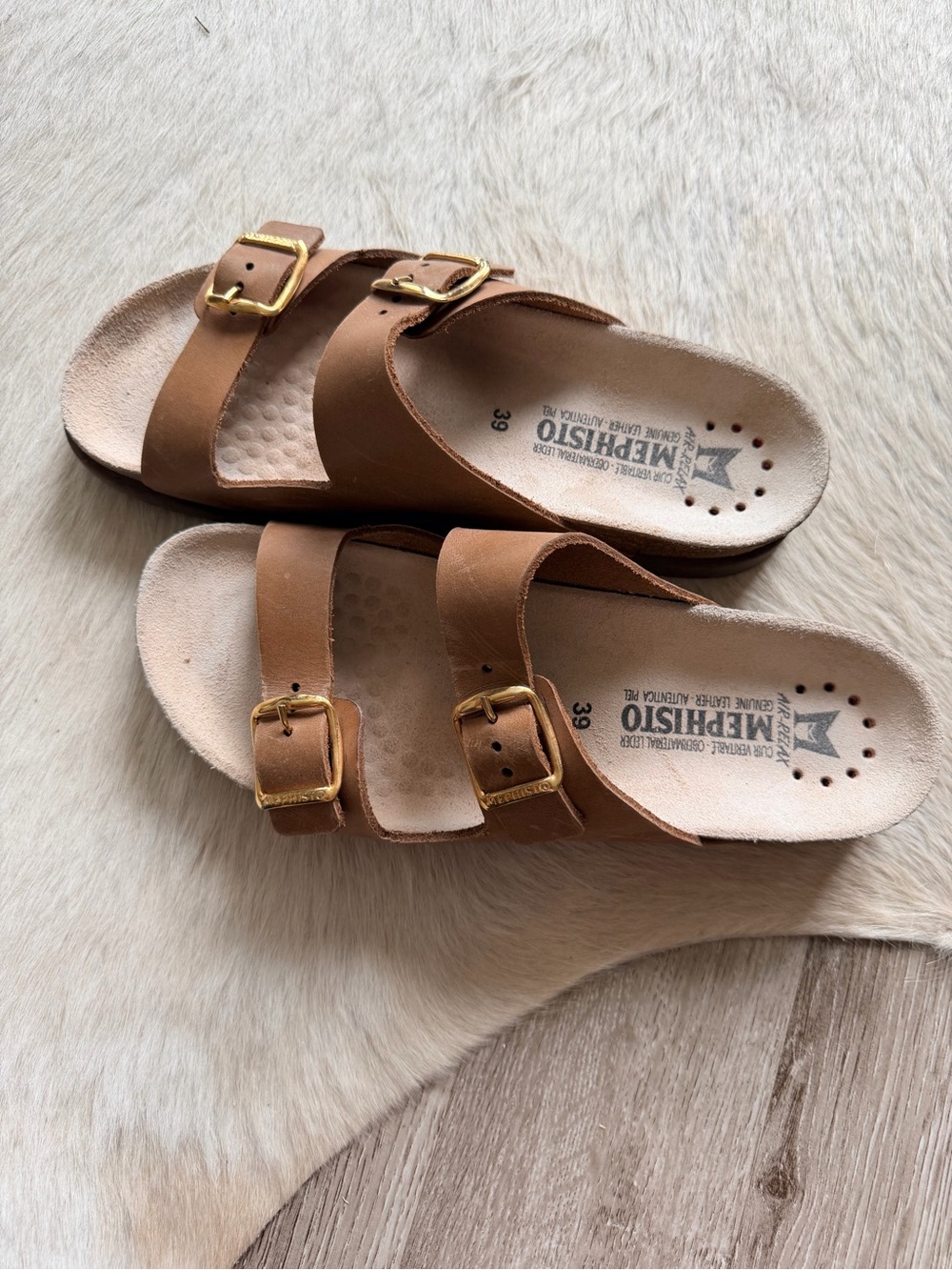 Mephisto Women’s Tan Dual-Buckle Slide Sandals